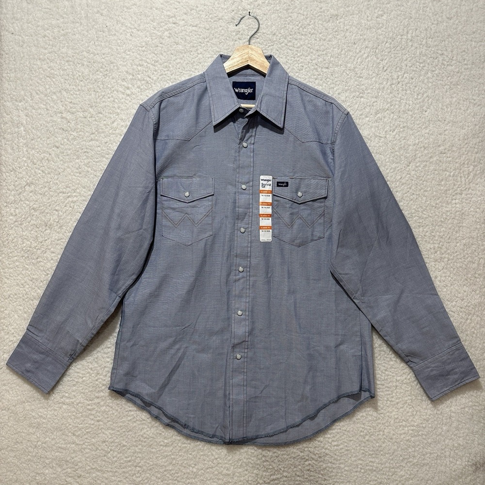 Wrangler Western Pearl Snap Mens Classic Fit Light Blue Cowboy Size 16.5 X 35